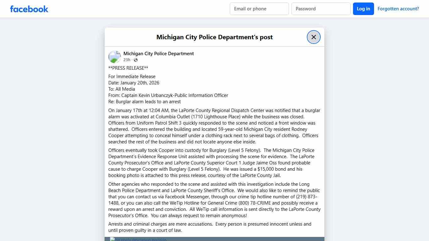 **PRESS RELEASE** For... - Michigan City Police Department | Facebook